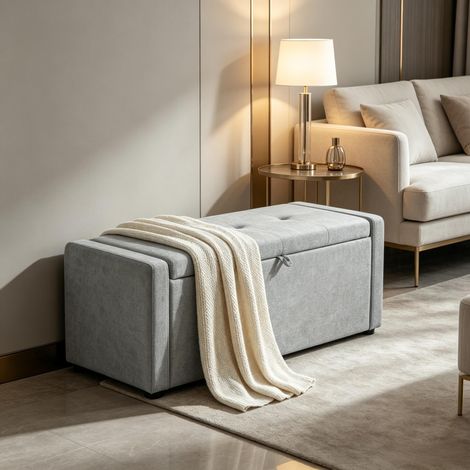Banc de rangement moderne avec revêtement en lin et assise large, banc de lit à placer au pied du lit, repose-pieds pratique pour la chambre (1/4)