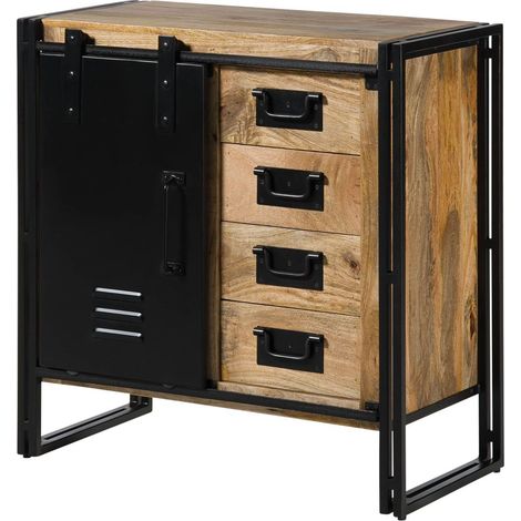 Kommode Mango 90x45x90 natur klar lackiert / Metall schwarz BLACKBURN 108