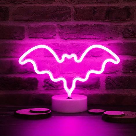 Enseigne lumineuse LED néon chauve-souris rose - Décoration Halloween veilleuse USB/piles 28x10x18cm avec support pour chambre bar (1/5)