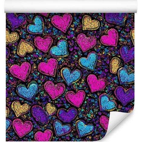 Papel pintado de corazones con purpurina neón en tonos burdeos, azul marino, ciruela y morado, 50x1000 cm. (1/5)