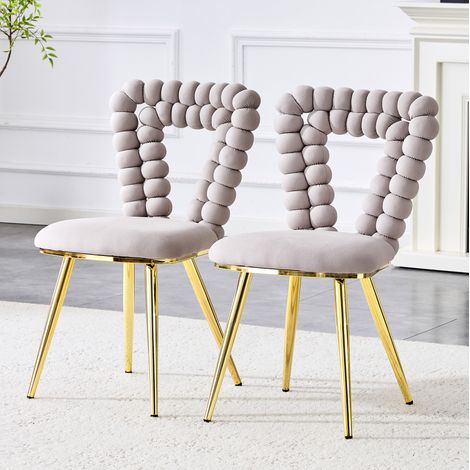 Sillas de comedor de terciopelo gris claro, 2 unidades, patas metálicas doradas (1/5)
