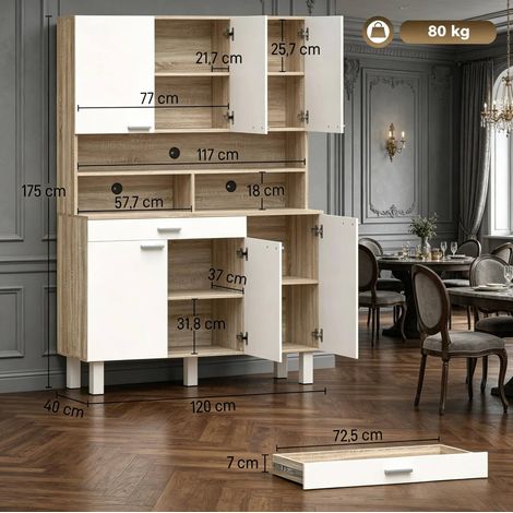 Küchenbuffet 120 x 40 x 175 cm aus Spanplatten, Weiß und Holzoptik – MEUBLIV (1/5)