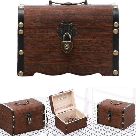Tirelire en bois – Coffre au trésor – Avec serrure – Décorative – Enfants et salon (1/5)