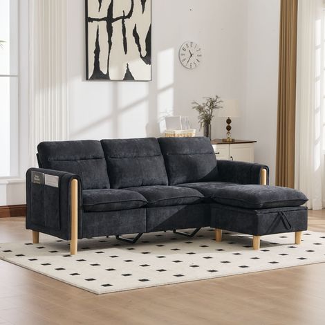 Canapé d’angle modulable 3 places avec rangement, canapé en L en chenille avec méridienne et pouf Noir (1/5)