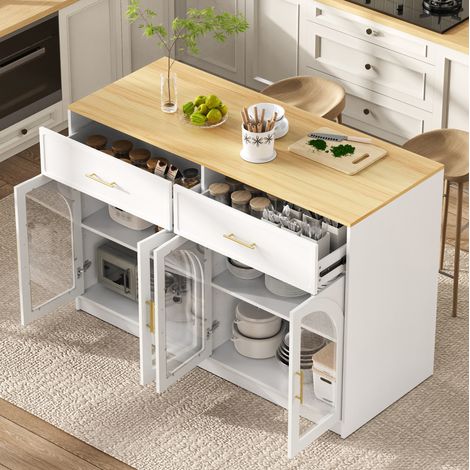Isola cucina LED 135x55x91 cm con ampio piano di lavoro, cassetti, ripiani regolabili e ante in vetro - bianco (1/5)