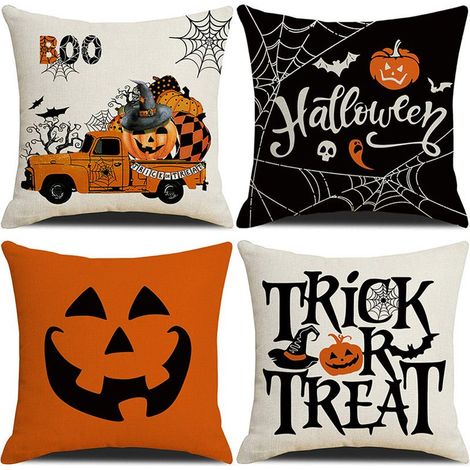 Housses de coussin décoratives d'Halloween 45 x 45 cm, lot de 4, motif chat noir (1/4)