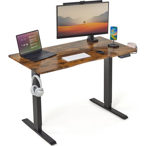 Bureau assis debout Électrique de 120 x 60 cm bureau réglable en hauteur avec 3 réglages de mémoire en hauteur Vintage Marron Mondeer (1/5)