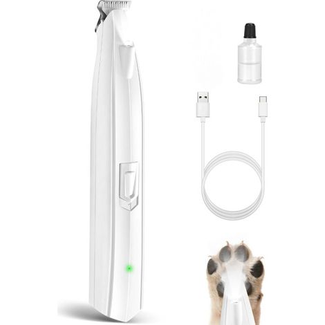Tondeuse pour pattes chien rechargeable avec lumière LED, tondeuse silencieuse pour poils pattes et fesses chat chien, lame céramique acier inoxydable, USB-C, blanc (1/4)