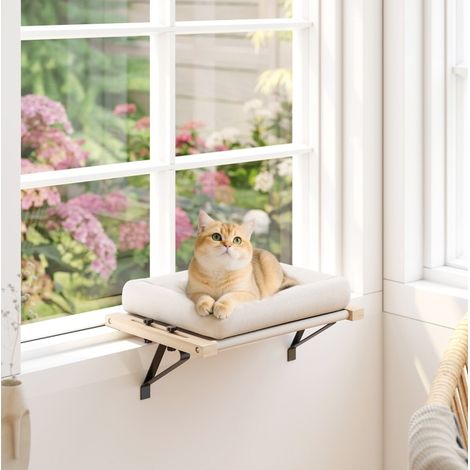 Hamac para gato para ventana o radiador, cojín extraíble, madera, blanco HAVRYA (1/4)