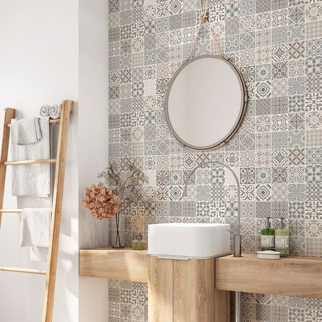 Crédence adhésive salle de bain - Motif carreaux de ciment - 50x50 cm - Adhésif BRILLANT (1/4)