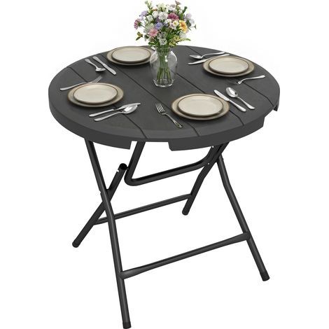 Gartentisch, rund, klappbar, für 4 Personen, Holzoptik, Stahl+Kunststoff, dunkelgrau, 80 x 80 x 73 cm (1/5)
