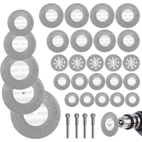 32pcs Mini Disque Diamant avec 4pcs Mandrins Disque à Tronçonner Mini Disques de Coupe pour Verre/Pièrre Précieuse/Bois/Métal/Céramique-16/20/22/25/30/40/50/60mm (1/4)