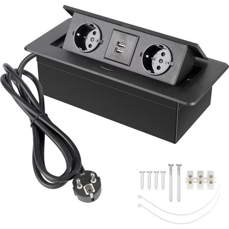 Prise Encastrable Plan de Travail Noir, Multiprise Plan de Travail Cuisine avec 2 Prises + 2USB/Connecteur/1,8M Câble (1/5)