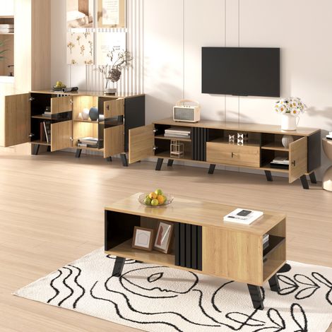 Ensemble de meubles de salon 3 pièces : table basse,meuble TV et buffet. Design moderne bois et noir,grand espace de rangement pour toute maison-Da.