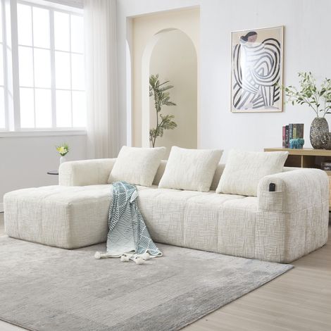 Canapé d'angle moderne, canapé en L, canapé trois places, aucun assemblage requis, tissu chenille, avec méridienne et accoudoirs, 3 coussins, poche latérale pour télécommande, beige. (1/5)