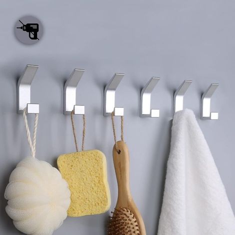 6-teiliges Set selbstklebender Haken, Doppelhaken für Badezimmerhandtücher, selbstklebender Wandhalter für Küche, Bad, Büro, Kleiderschrank, Aluminium, silber