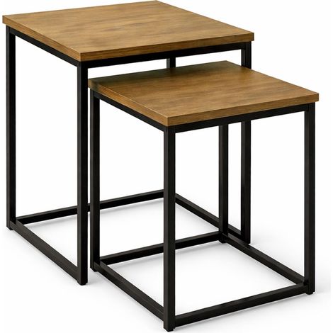 Home Heavenly® Juego de 2 mesas auxiliares KRAFT, estilo industrial, con estructura metálica negra y tablero efecto madera, dise  Color: Roble