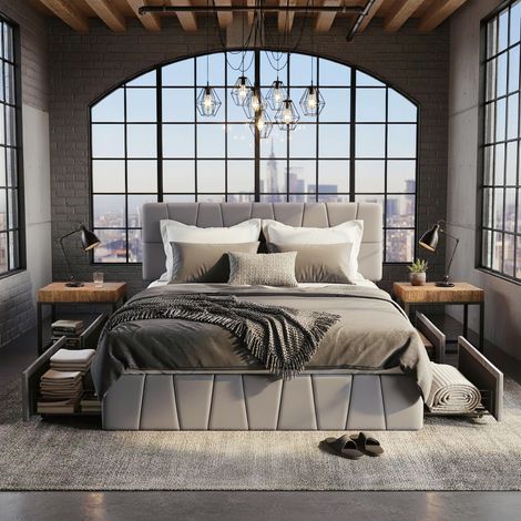Eifson – Lit double 160x200 cm avec 4 tiroirs métalliques – Base à lattes en bois – Cadre métallique en velours gris – Pour adultes et adolescents