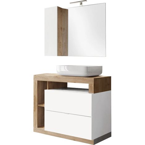 ARTURO - Meuble Vasque 92cm + Miroir blanc et aspect bois finition Cadiz (1/5)