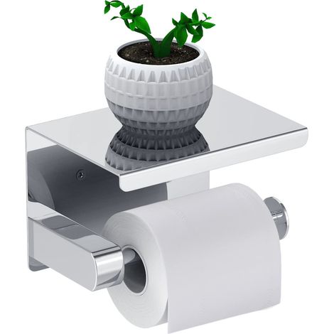 Porte Papier Toilette, Support Papier Rouleau sans Percage Derouleur Papier WC,Distributeur Papier avec Tablette, Acier INOX SUS 304, Colle Auto-adhésive et Mural pour Salle de Bain (Argent) (1/5)