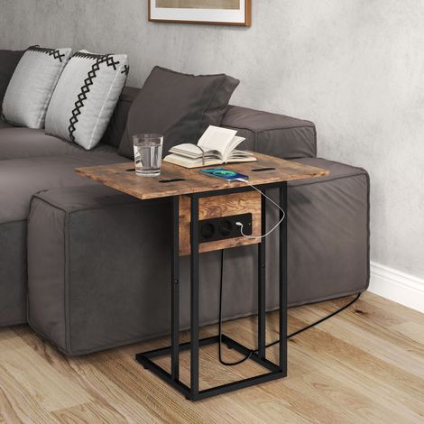 Beistelltisch für Sofa mit klappbarer Tischplatte, Ladestation und verstellbaren Beinen für kleine Räume, Braun