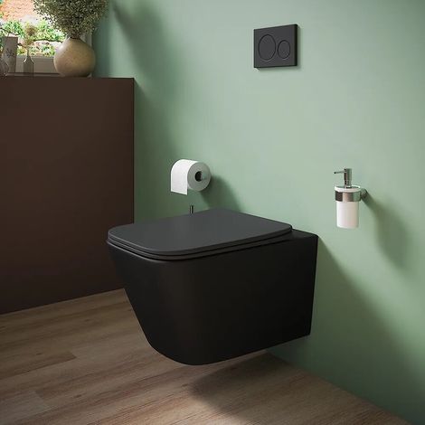 Vaso Sospeso Rimless in Ceramica Nero Opaco con Sedile Soft-close Mod. Kyoto