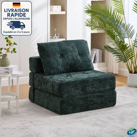 MODFU - Canapé convertible 1 place avec 1 coussin, tissu chenille, canapé rembourré salon/chambre, vert (1/5)
