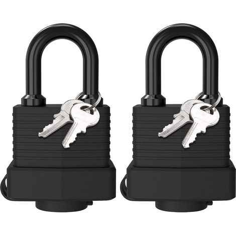Lot de 2 cadenas en laiton étanches, cadenas d'extérieur en acier laminé résistant aux intempéries, 4 clés, pour casier, salle de sport, garage, clôture, noir