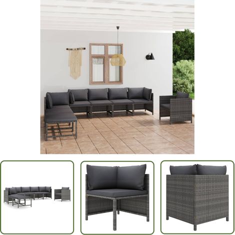 The Living Store Salon de jardin 8 pcs avec coussins Résine tressée Gris - Salon De Jardin - Mobilier De Jardin - Ensemble De Salon - Meubles De Jardin - Resin Tressée (1/5)