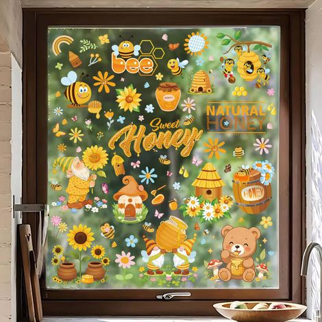 Décorations statiques pour fenêtres : fleurs jaunes et abeilles - Gnome fantaisiste, pot de miel, tournesol et ours - Idéal pour la cuisine, la salle de classe et la décoration printanière de la maiso (1/5)