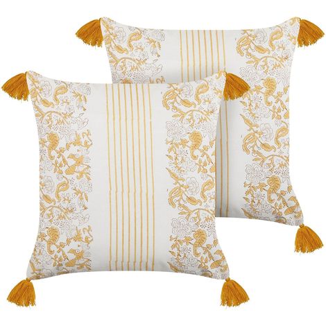 Set of 2 Decorative Cushions BILOBA Cotton 45 x 45 cm Yellow Floral Pattern