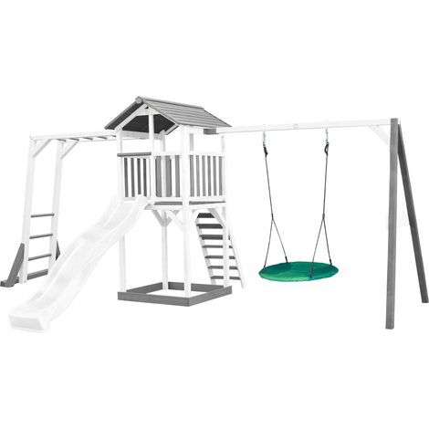 Axi Beach Tower Aire De Jeux Avec Toboggan En Blanc, Cadre D'Escalade, Balançoire Nid D'Oiseau Vert & Bac À Sable  Grande Maison Enfant Extérieur En Gris & Blanc  Cabane De Jeu En Bois Fsc
