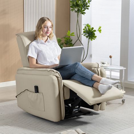 Fauteuil de massage électrique, revêtement en similicuir, repose-pieds, poche latérale, beige (1/5)