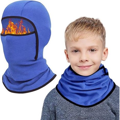 Deux cagoules d'hiver chaudes pour enfants de 6 à 14 ans, masque de ski multifonctionnel coupe-vent, bonnet de cyclisme avec cache-cou, bonnet pour garçons et filles, sports d'hiver en extérieur, bleu (1/5)