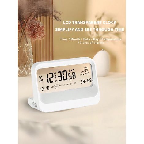 Horloge de bureau, réveil numérique design moderne transparent, avec thermomètre et hygromètre, fonction répétée de l’alarme, décoration esthétique pour maison et bureau, fonctionnant sur batterie (1/4)