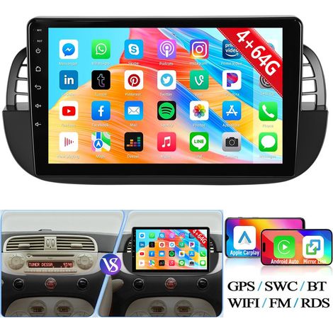 Autoradio Android 14 9 pouces avec CarPlay pour Fiat 500 (2007-2015), radio FM RDS, navigation GPS, Wi-Fi et Bluetooth - 4+64G (1/5)