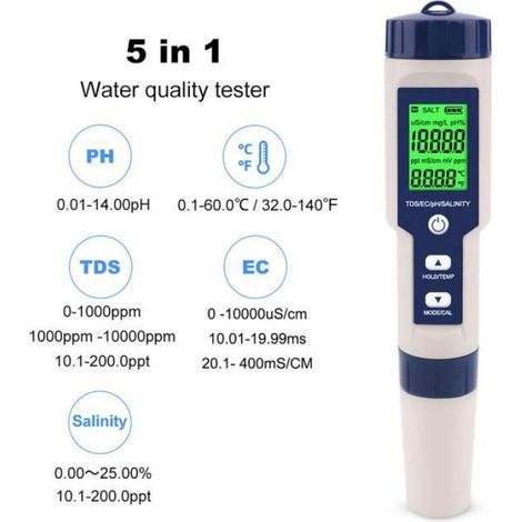 Testeur Eau - PH TDS EC Salinite Temperature - Etanche IP67 - 183 x 37 x 37 mm - 1 Piece (1/4)