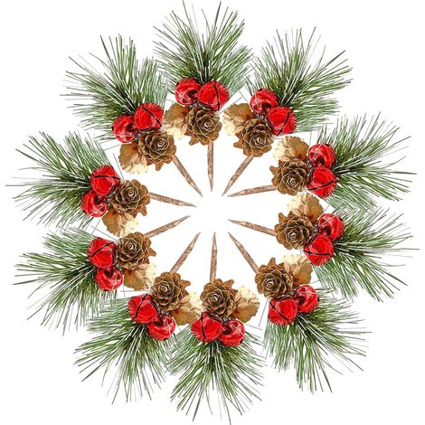 Guirlande De Baies Rouges Artificielles - Branches De Pin Avec Pommes De Pin Et Clochettes Pour Décoration De Noël - 10 Pièces (1/5)