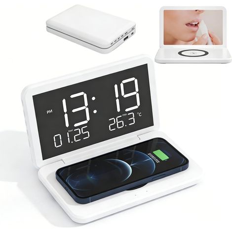 Réveil Numérique 4 en 1 Pliable avec Station de Charge sans Fil 15W, Horloge de Chevet LED Miroir, Thermomètre, Chargeur pour Voyage (Blanc)