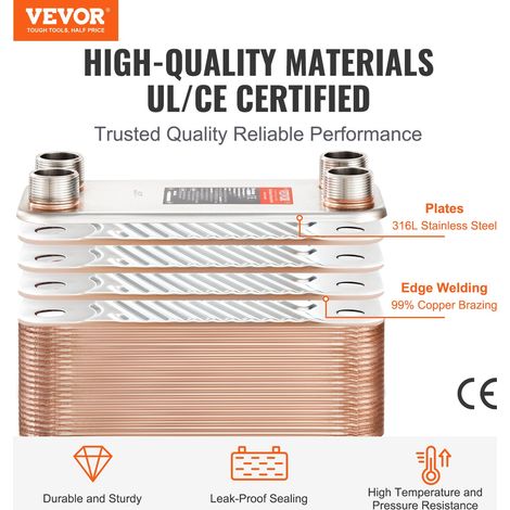 Échangeur de chaleur à plaques brasées, 127x305 mm, échangeur thermique 100 plaques en cuivre/acier inoxydable 316L pour chauffage au sol, chauffage d'eau, fonte de neige, refroidissement bière (1/5)