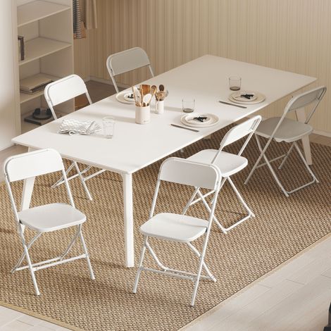 Lot 6 Chaises Pliantes en Plastique et Métal, avec Trous d'Évacuation, 45x49x79.5 cm, Blanc (1/5)
