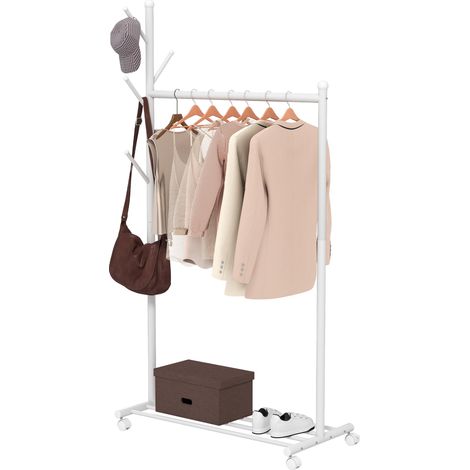 Portant à vêtements à roulettes, 5 crochets, barre de suspension et étagère inférieure pour entrée, 86 x 43 x 171 cm, blanc (1/5)