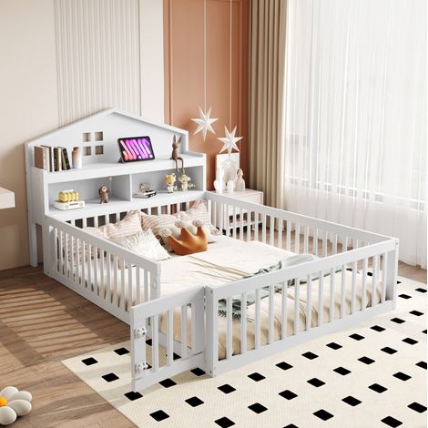 Kinderbett 140/200 cm weiß aus Massivholz mit Hausrahmen und Stauraum (1/5)
