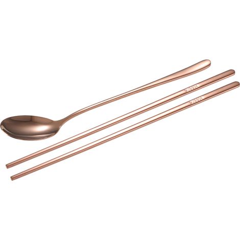 Ensemble de cuillères et baguettes en acier inoxydable - Couverts de style coréen - Cadeau de Noël (Couleur rose) (1/5)