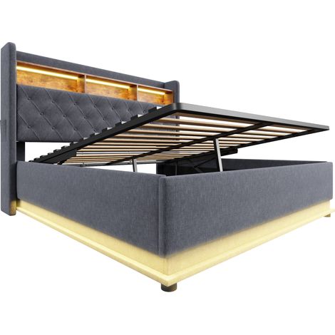LED-Polsterbett 160 x 200 cm mit USB und hydraulischem Stauraum, Leinenoptik grau, HOMVRA (1/5)