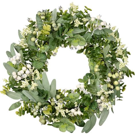 Couronne d'eucalyptus artificiel vert, idéale pour le printemps et l'été, avec des baies blanches, pour décorer une porte d'entrée, un mur, une fenêtre, un porche, une terrasse ou un jardin. (1/3)