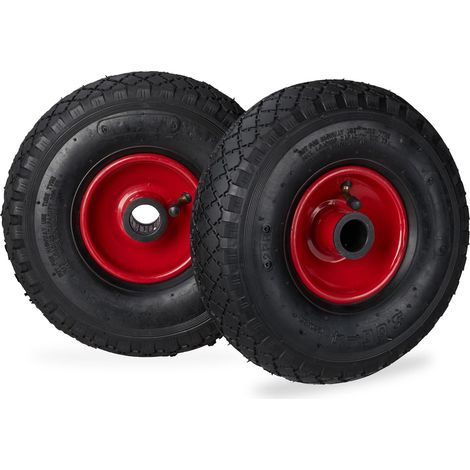 Roue de brouette Caoutchouc 100 kg, Lot de 2, Roue de Rechange, pour axe de 25 mm, 3.00-4, Noir-Rouge (1/5)