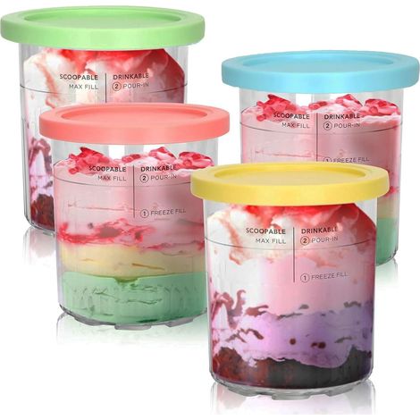 Lot de 4 Pots à Glace 680ml - Plastique Sans BPA - Compatible Ninja Creami Deluxe NC500/NC501 - Couvercles Hermétiques Colorés - Pour Crèmes et Milkshakes Maison