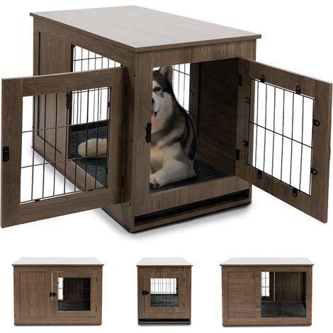 MaxxPet Hondenkooi van hout, 96 x 61 x 64 cm, dierenkooi, huisdierkooi, roosterbox voor honden, hondenbox met 2 deuren, modern hondenhok voor binnen - Bruin