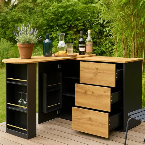 URBAN MEUBLE Table de Bar de Jardin extensible 360° noire effet bois avec motif ondulé (1/5)